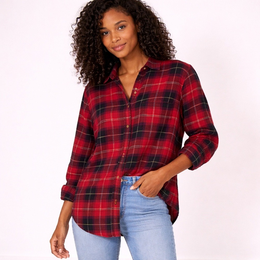 Grunge Burgundy Plaid‎ Button Down Shirt Boyfriend Fit Soft Viscose Size M